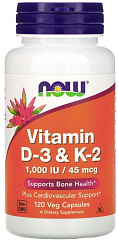 NOW Vitamin D3-1000 IU/K2 45 мкг, 120 капc